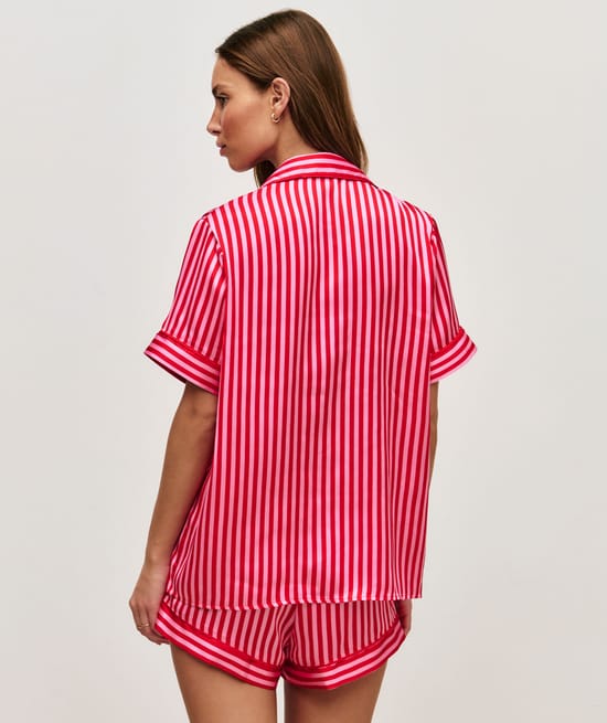 Short-sleeved striped satin shirt;