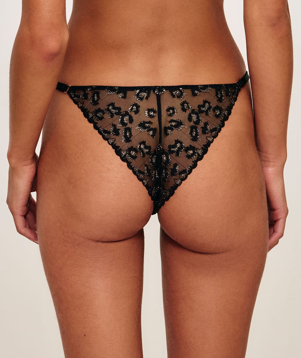 Tanga en mesh broderies l&eacute;opard;