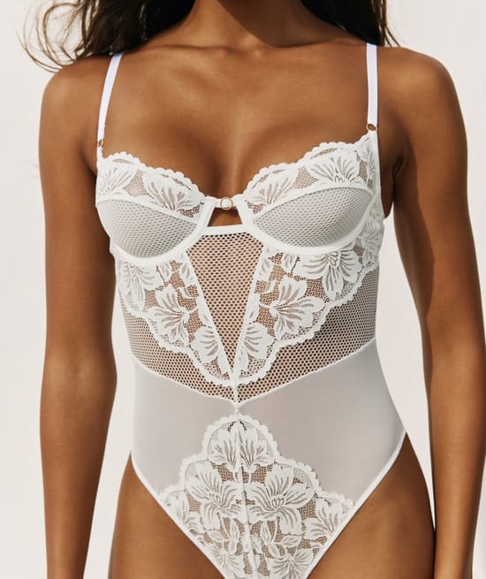 Lace balconette bodysuit;