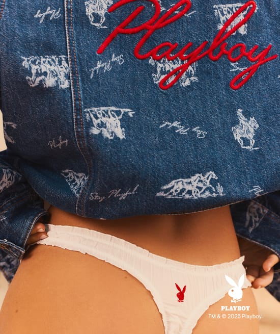 Gathered poplin string with 'PLAYBOY' embroidery and playboy logo;