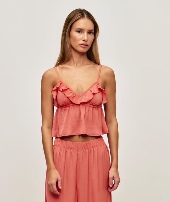 Satin ruffled tank top;