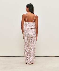 Cotton poplin pants with strawberry, flower, and ladybug print;