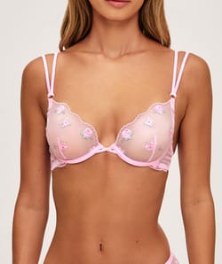 Embroidered mesh balconette bra;