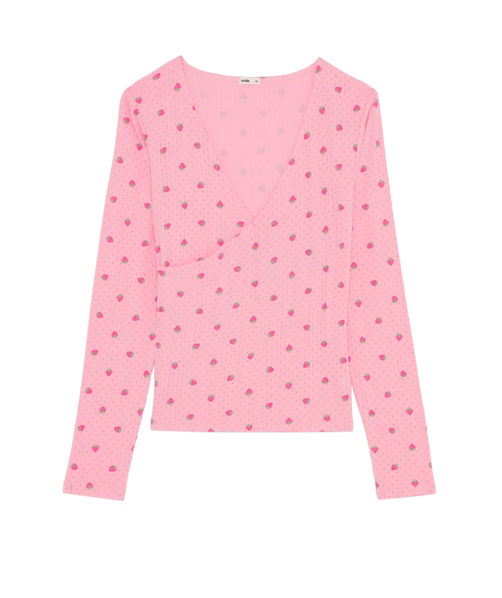 Wrap-front pointelle T-shirt with strawberry pattern;