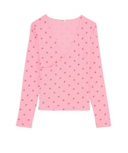 Wrap-front pointelle T-shirt with strawberry pattern;