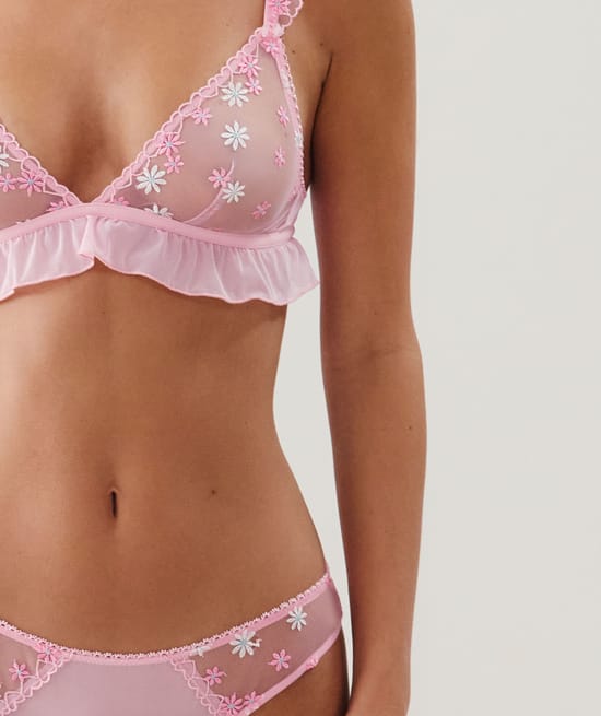 Triangle bra with embroidered floral patterns;