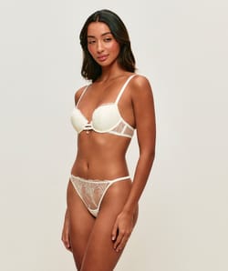 Mesh push-up bra with floral embroidery and pearl pendant;