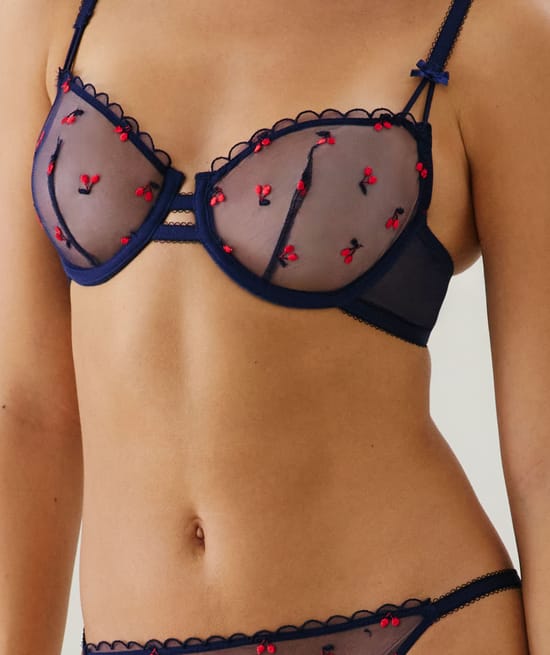 Balconette bra in mesh with cherry embroidery;