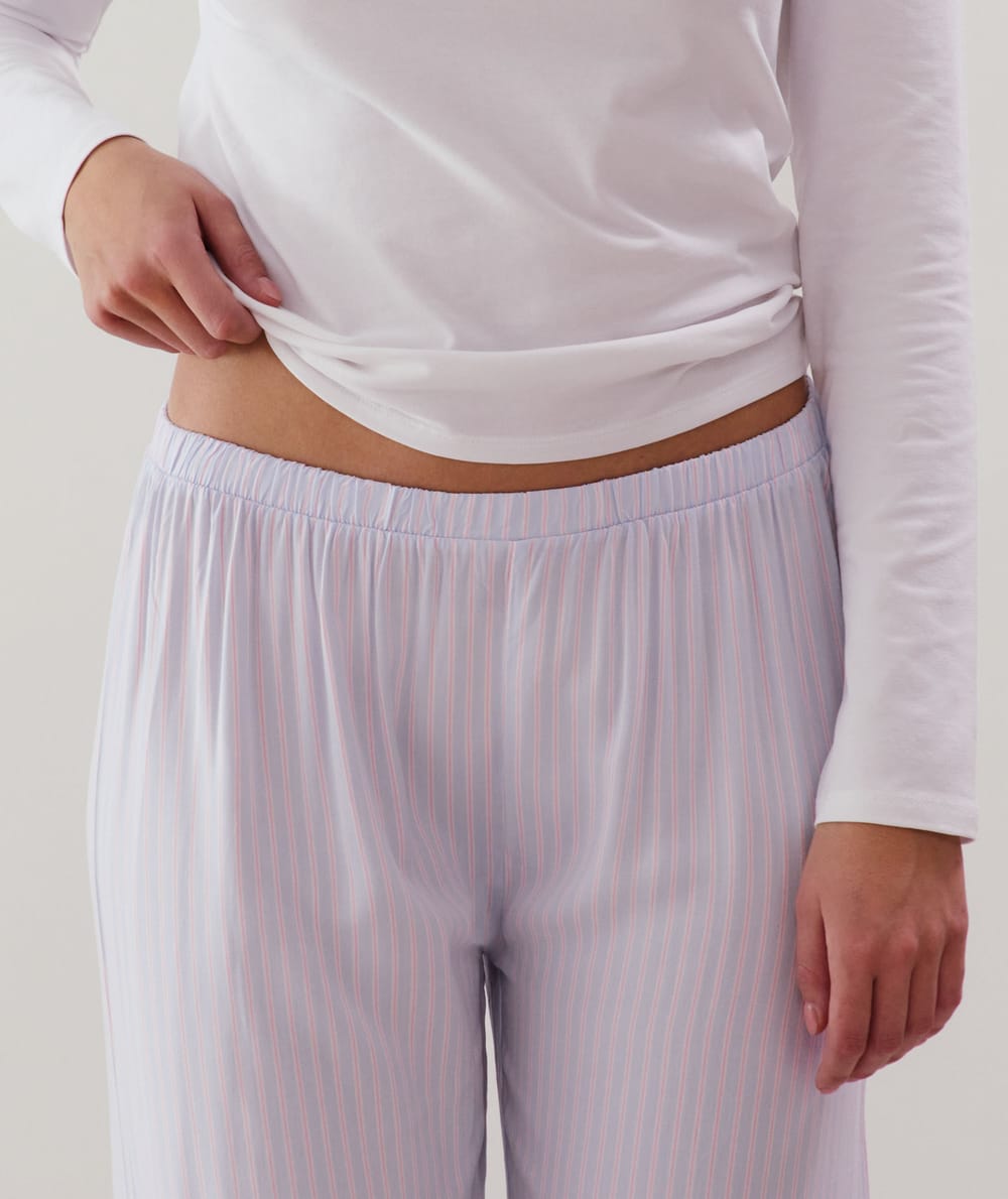 Straight-leg trousers in blue striped viscose;