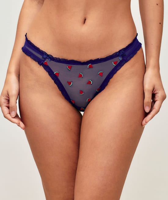 Tulle thong with watermelon embroidery;