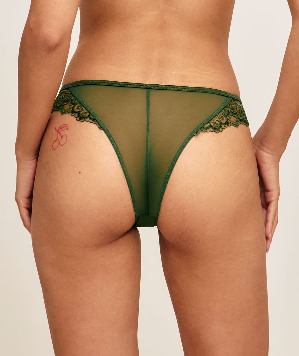 Mesh thong with embroidery;