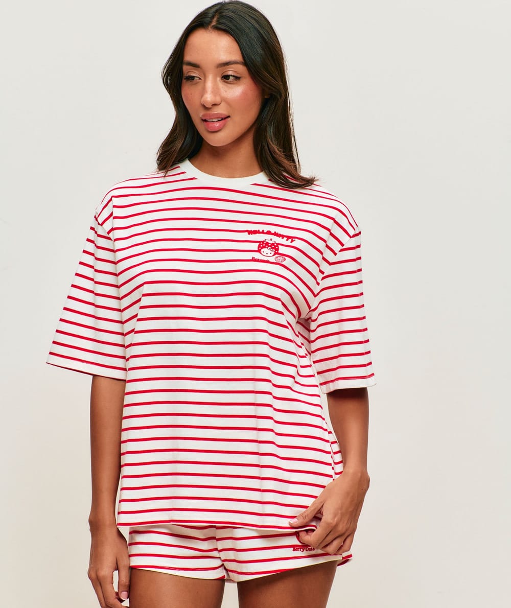 Short striped jersey with Hello Kitty embroidery;