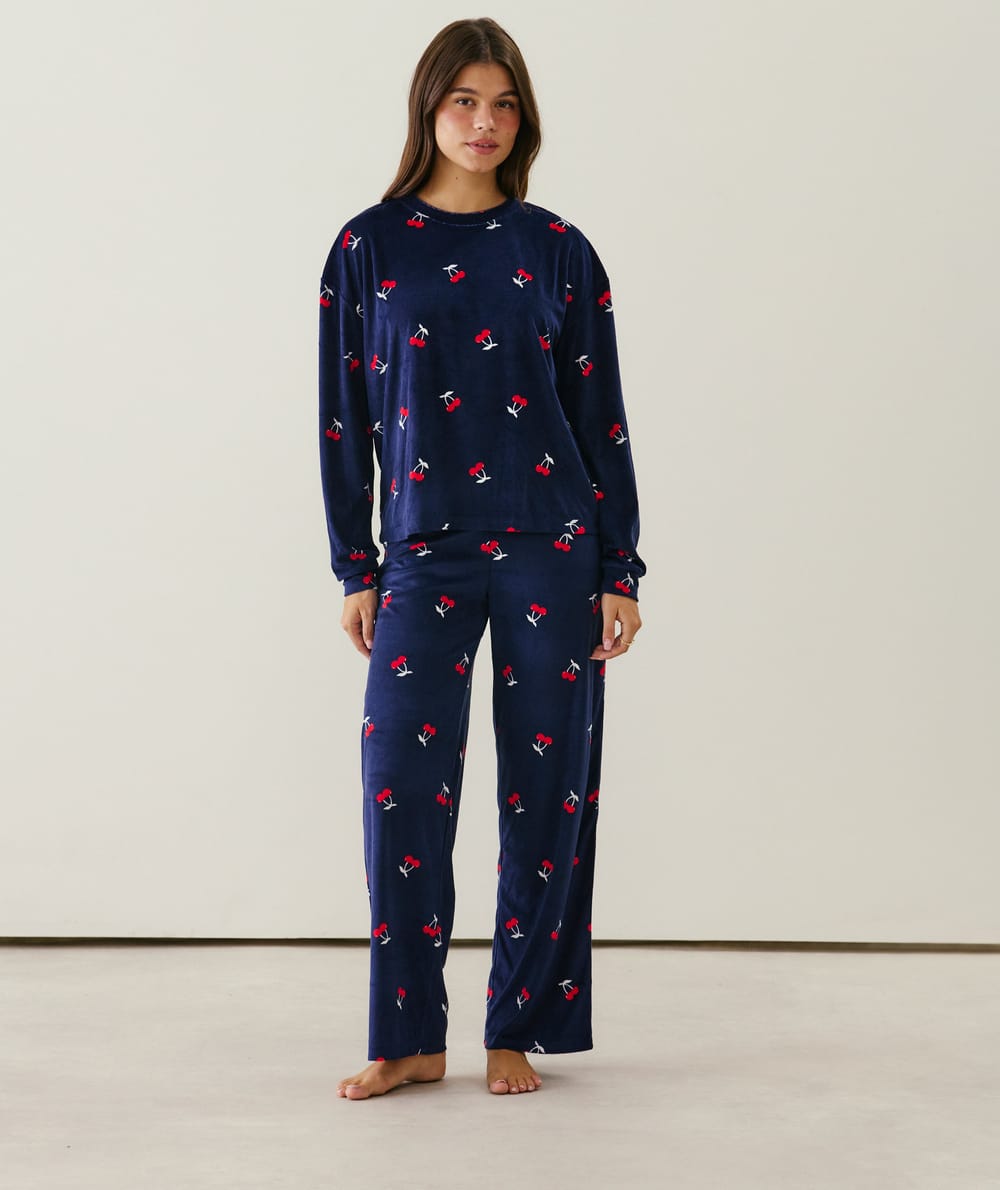 Cherry print velour pyjama set;