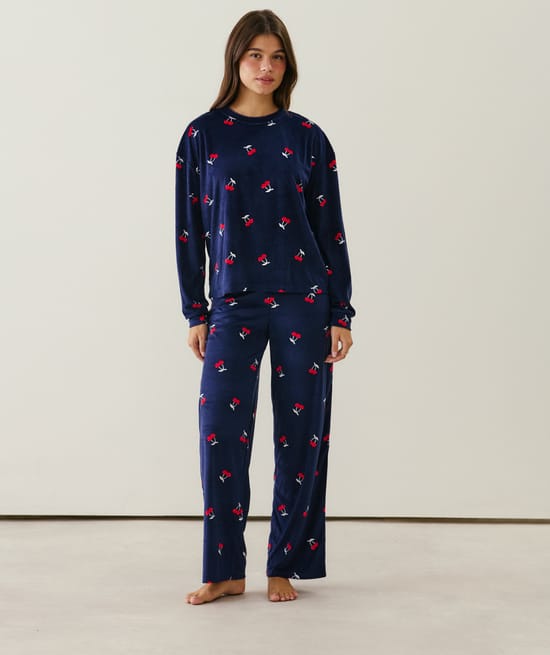 Cherry print velour pyjama set;
