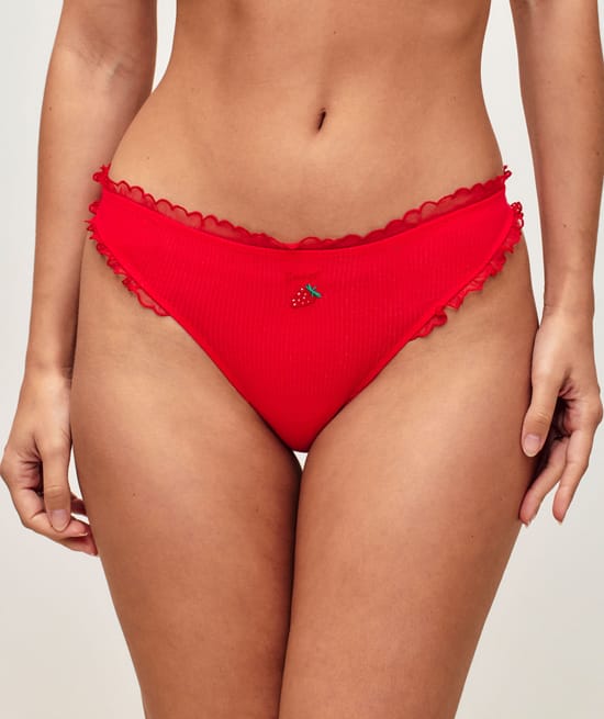Cotton thong with strawberry embroidery 'Sweet';