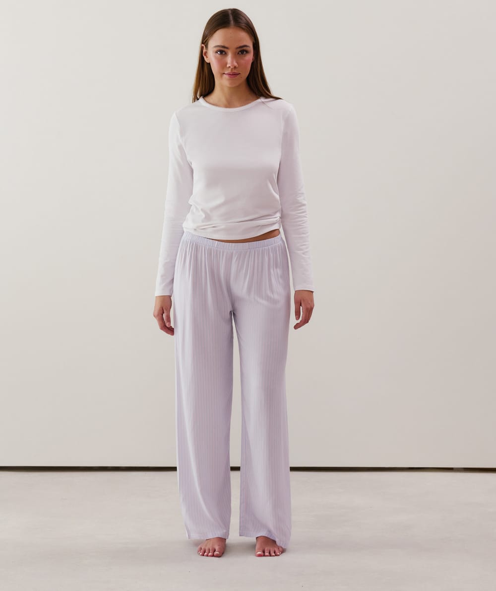 Straight-leg trousers in blue striped viscose;