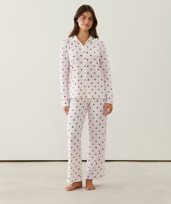 Polka dot and strawberry print jersey pajama set;