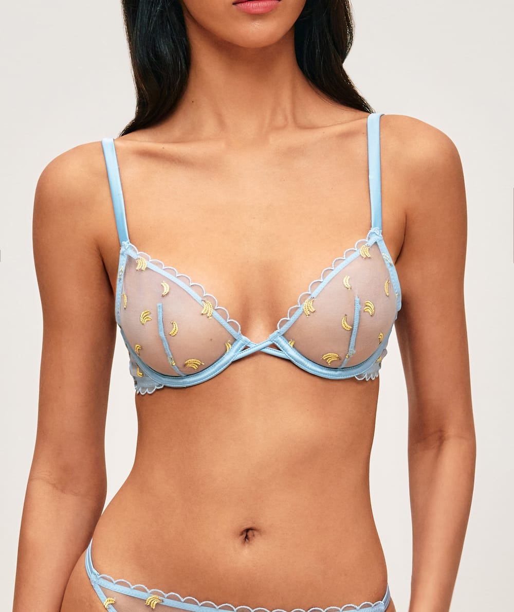 Mesh balconette bra with embroidered bananas;
