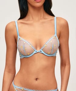 Mesh balconette bra with embroidered bananas;