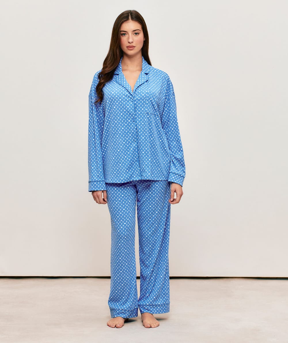 Ribbed jersey trousers with summer pattern;