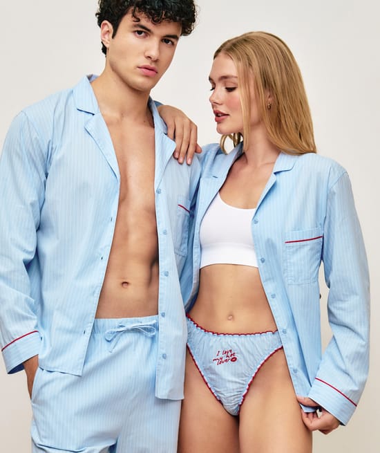 String fronc&eacute; en coton &agrave; rayures avec broderie "I love my hot lover;