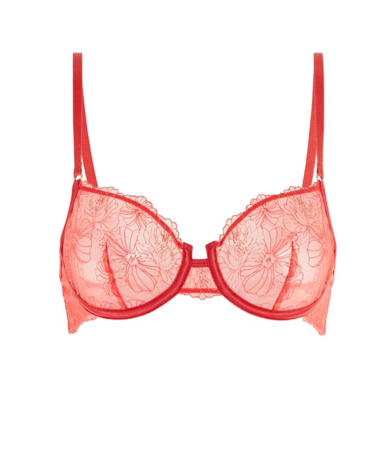 Floral embroidered mesh balconette bra - pink;