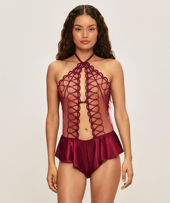 Combishort en mesh brod&eacute; et satin;