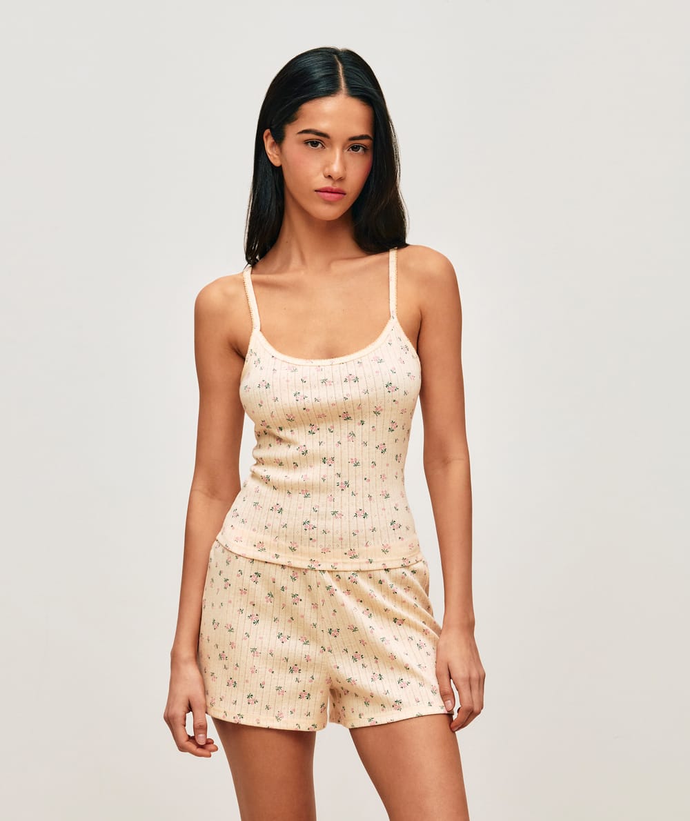 Short en pointelle avec imprim&eacute; fleurs;