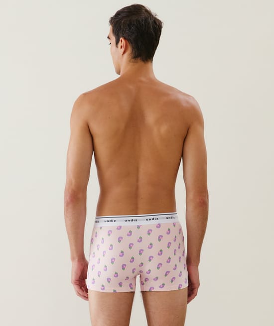 Purple patterned boxer shorts;
