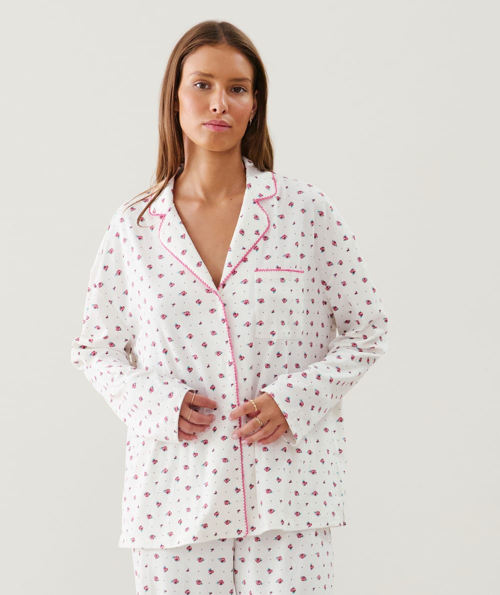Ribbed jersey shirt with floral patterns;