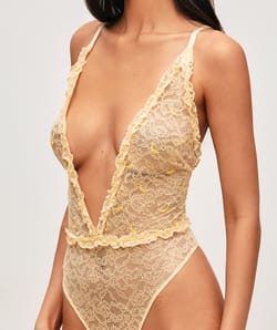 Lace tanga body with embroidered bananas;