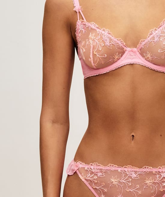 mesh balconette bra with floral embroidery and bows;