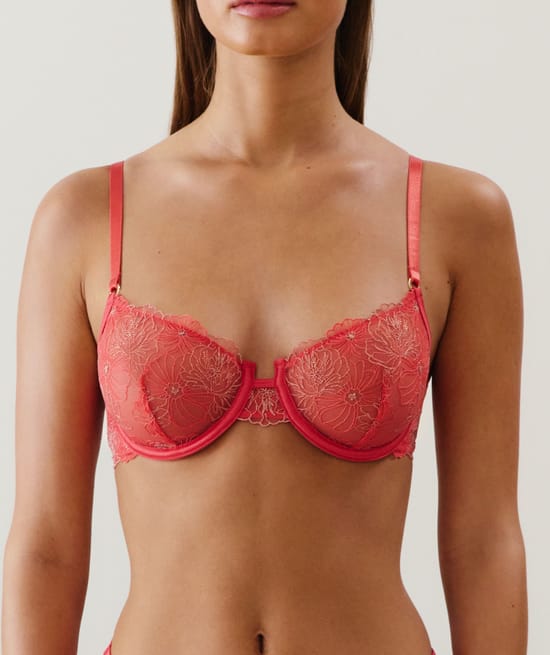 Floral embroidered mesh balconette bra - pink;