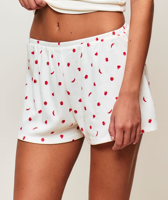 Shorts in printed ribbed jersey with chili and heart patterns;