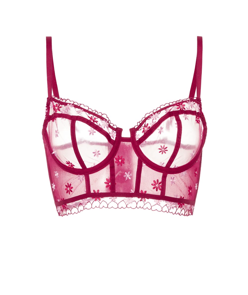 Balconette bustier with embroidered floral patterns;