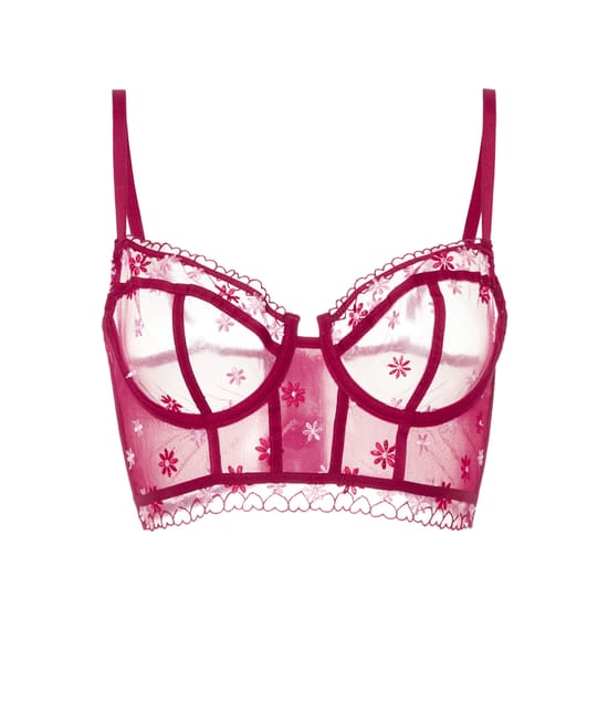 Balconette bustier with embroidered floral patterns;