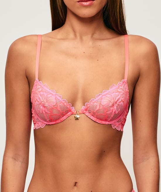 Lace floral plunge bra with flower jewel;