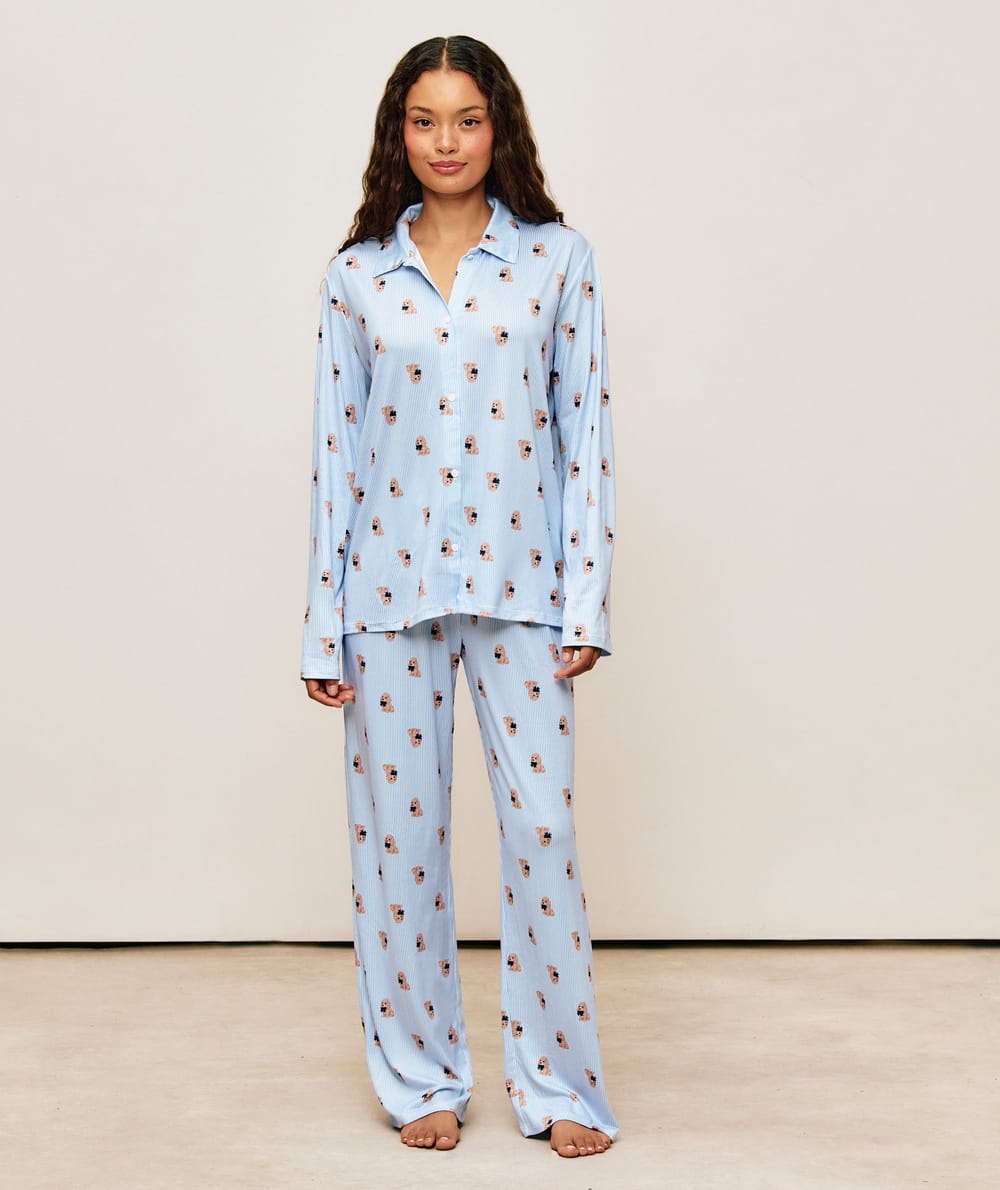 Shirt and pants set with stripes and small dogs;