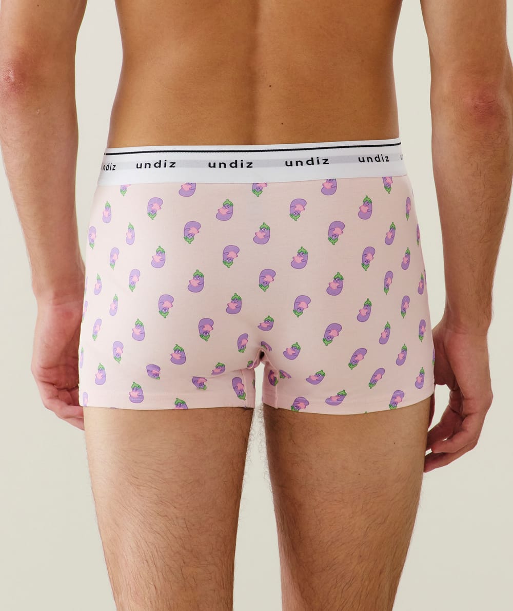 Purple patterned boxer shorts;