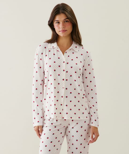 Polka dot and strawberry print jersey pajama set;