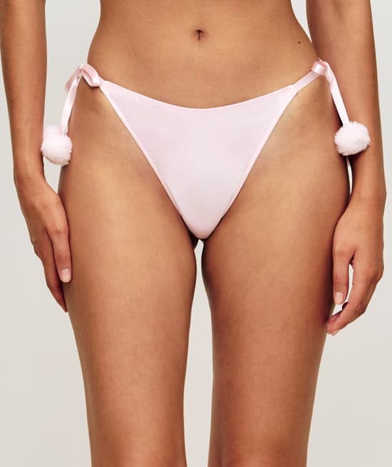 Satin thong with pompom;