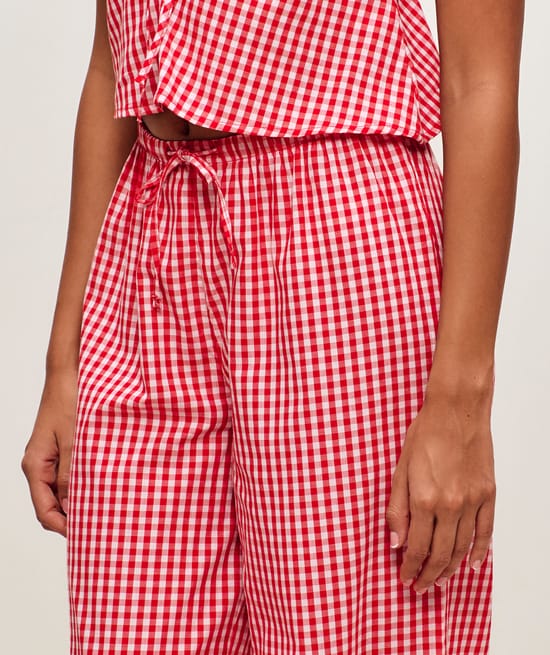 Pantalon en popeline de coton &agrave; motif vichy ;