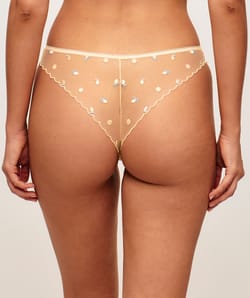 Microfiber and mesh thong with embroidered lemons;