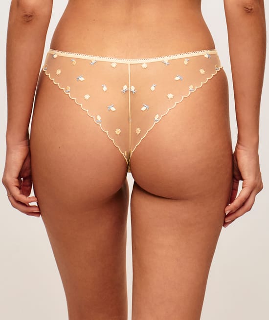 Microfiber and mesh thong with embroidered lemons;