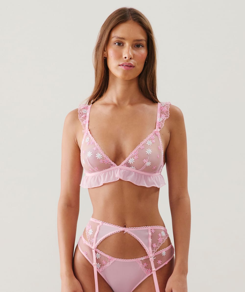 Triangle bra with embroidered floral patterns;