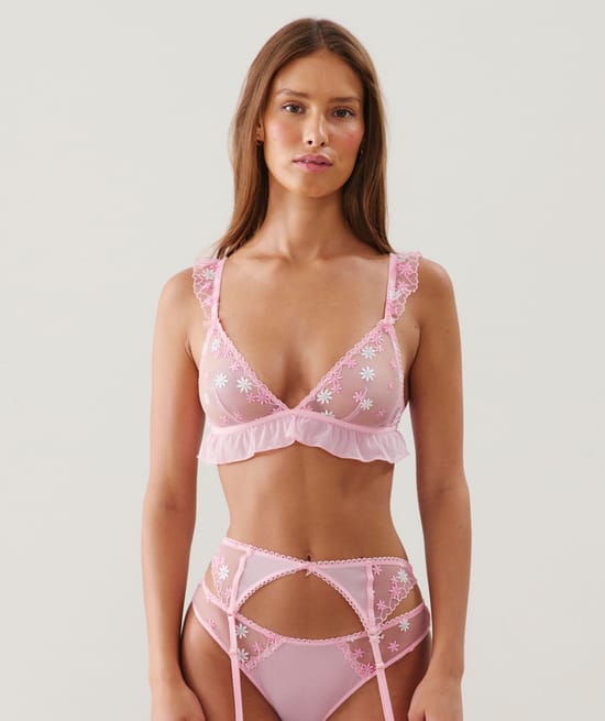 Triangle bra with embroidered floral patterns;