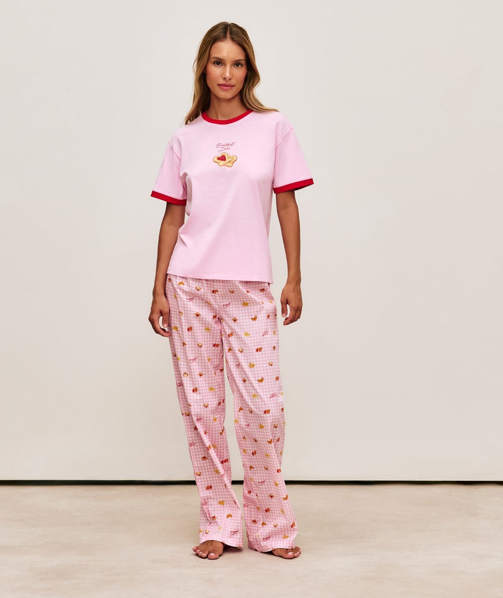 Poplin trousers with vivhy print and pastries;