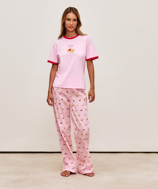 Poplin trousers with vivhy print and pastries;