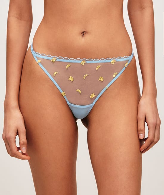 Mesh string with embroidered bananas;