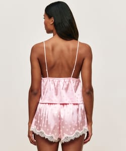 Satin and lace cami with polka dot pattern;